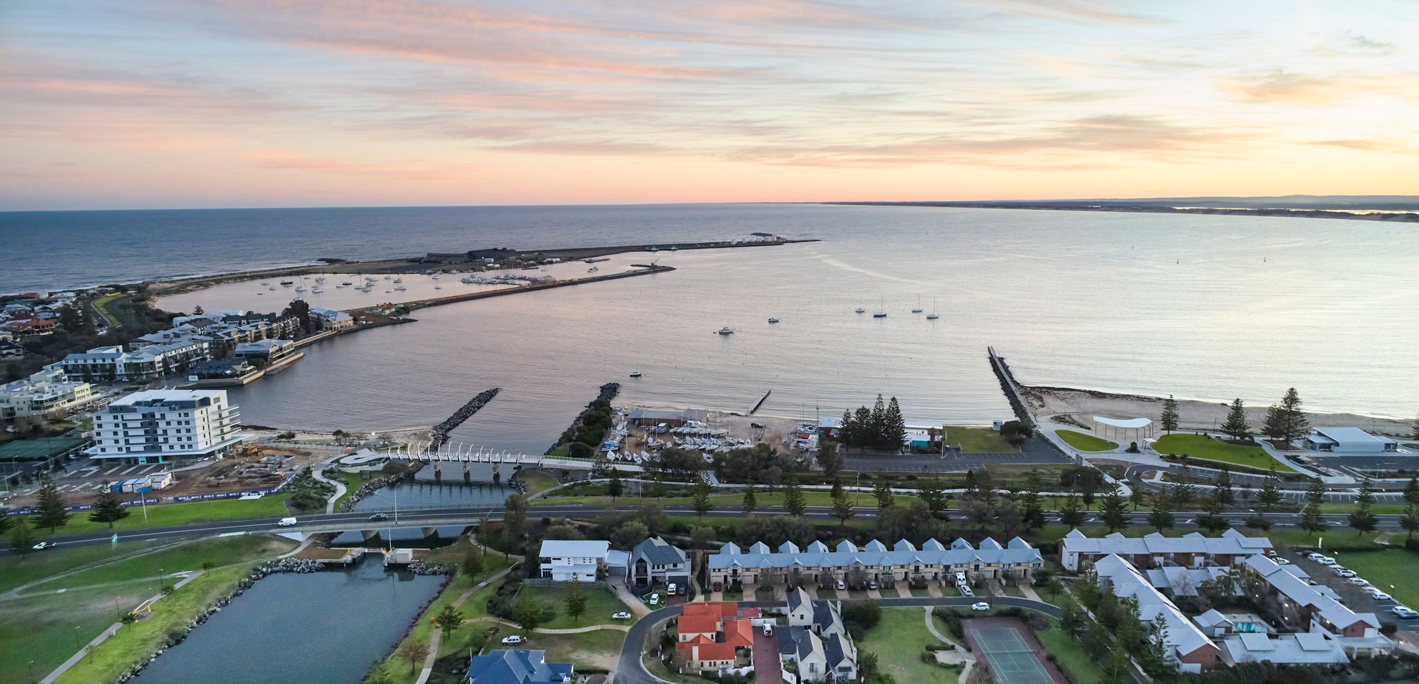 An aerial view of Bunbury port at sunset