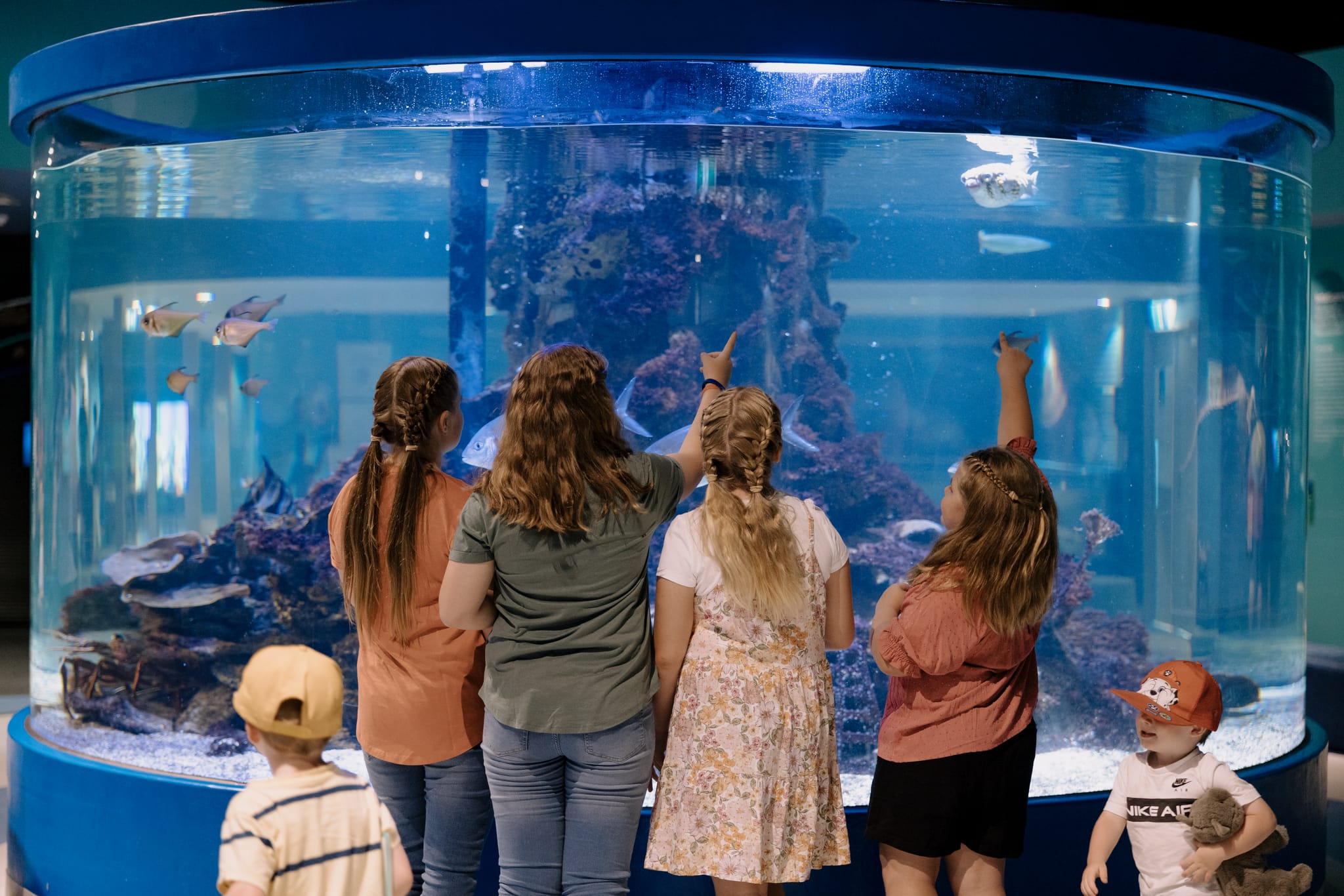 A group of people stand in front of a circular aquarium